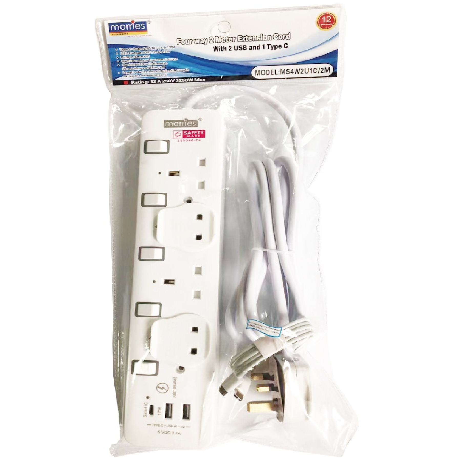 Morries 4 Way 2M Extension Cord With 2 USB & 1 TYPE C MS4W2U1C/2M